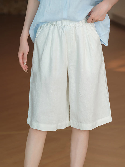 Color Pure 100%Linen Women Casual Pants Fifth Summer