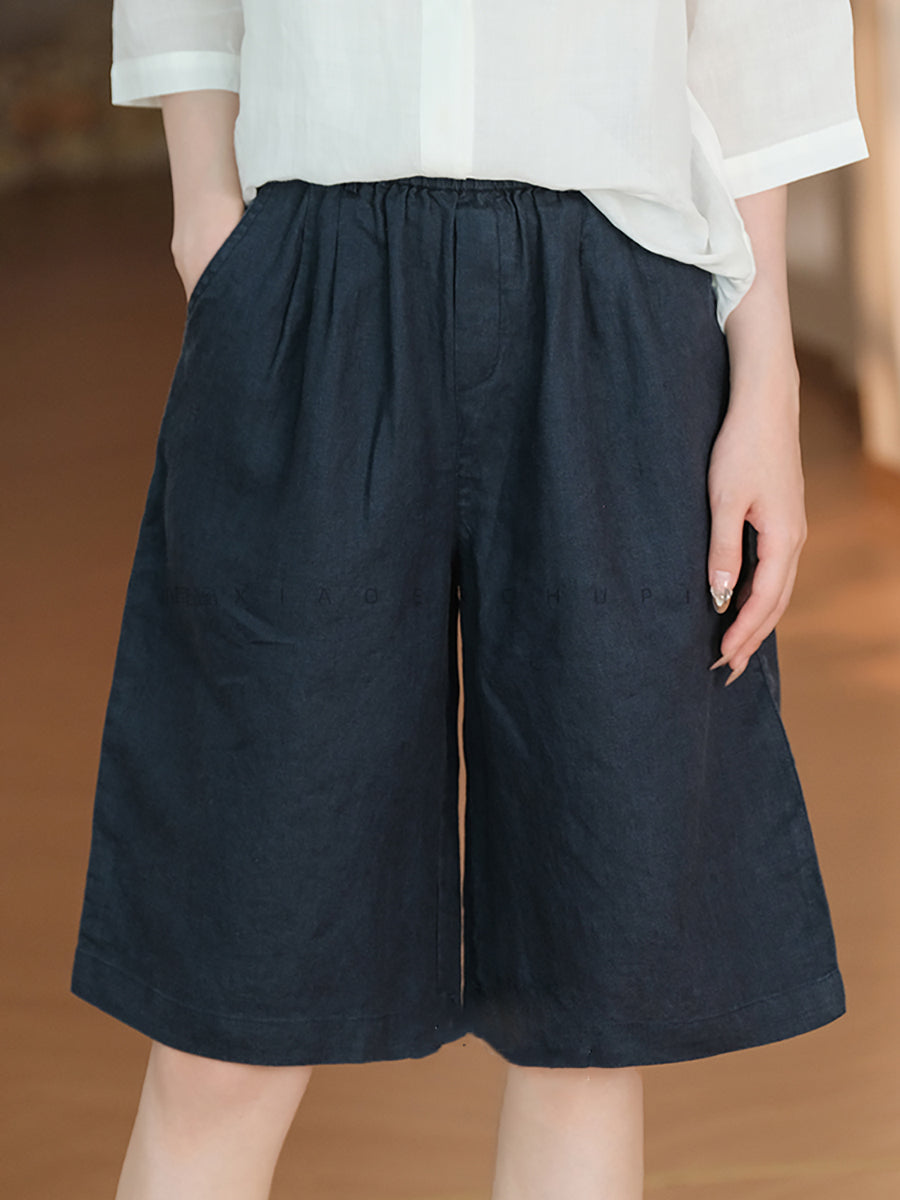 Color Pure 100%Linen Women Casual Pants Fifth Summer