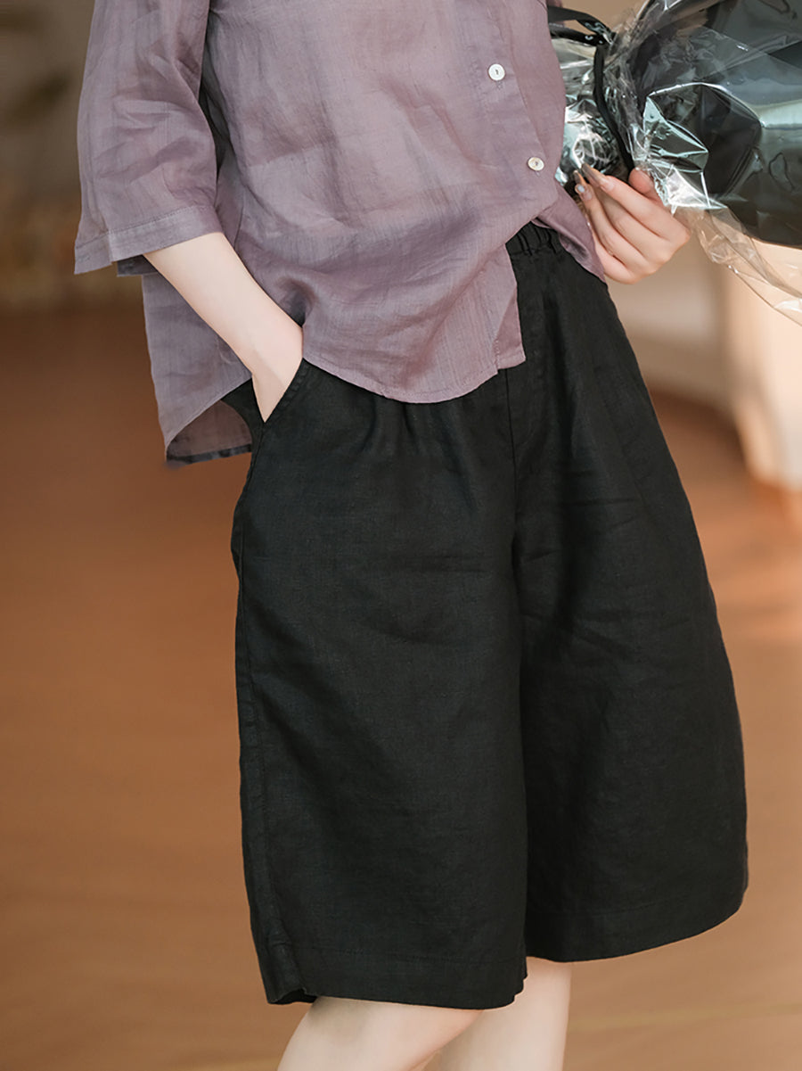 Color Pure 100%Linen Women Casual Pants Fifth Summer