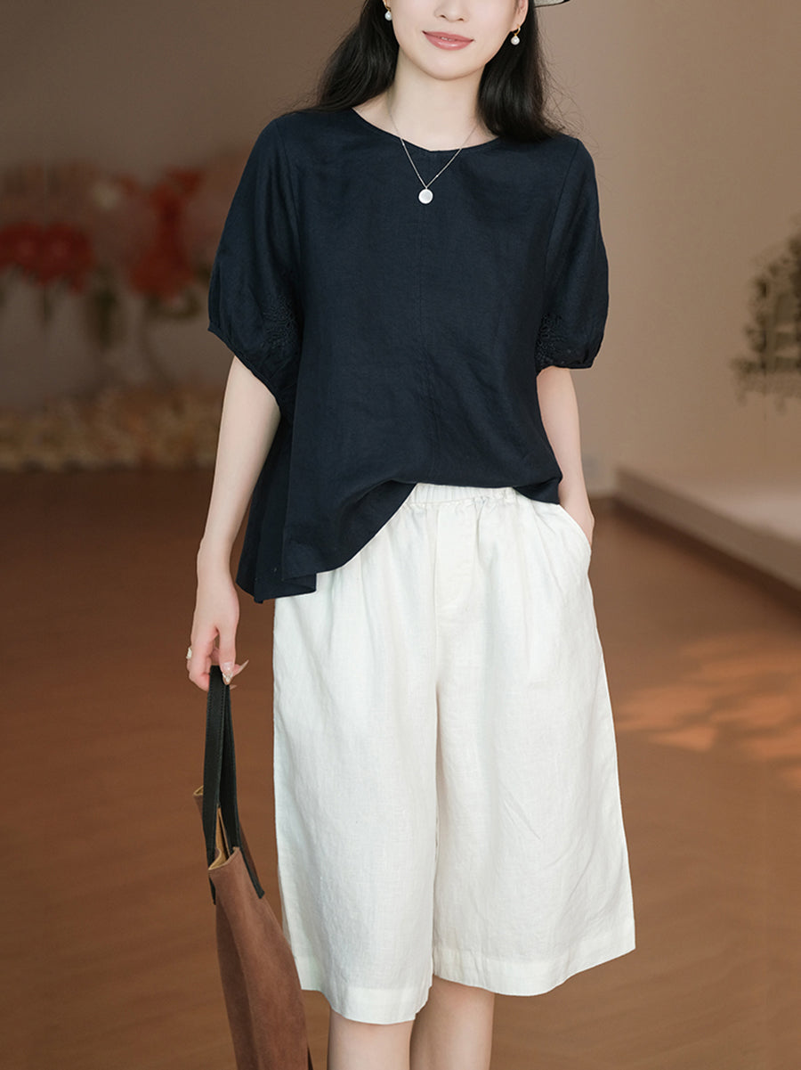 Color Pure 100%Linen Women Casual Pants Fifth Summer