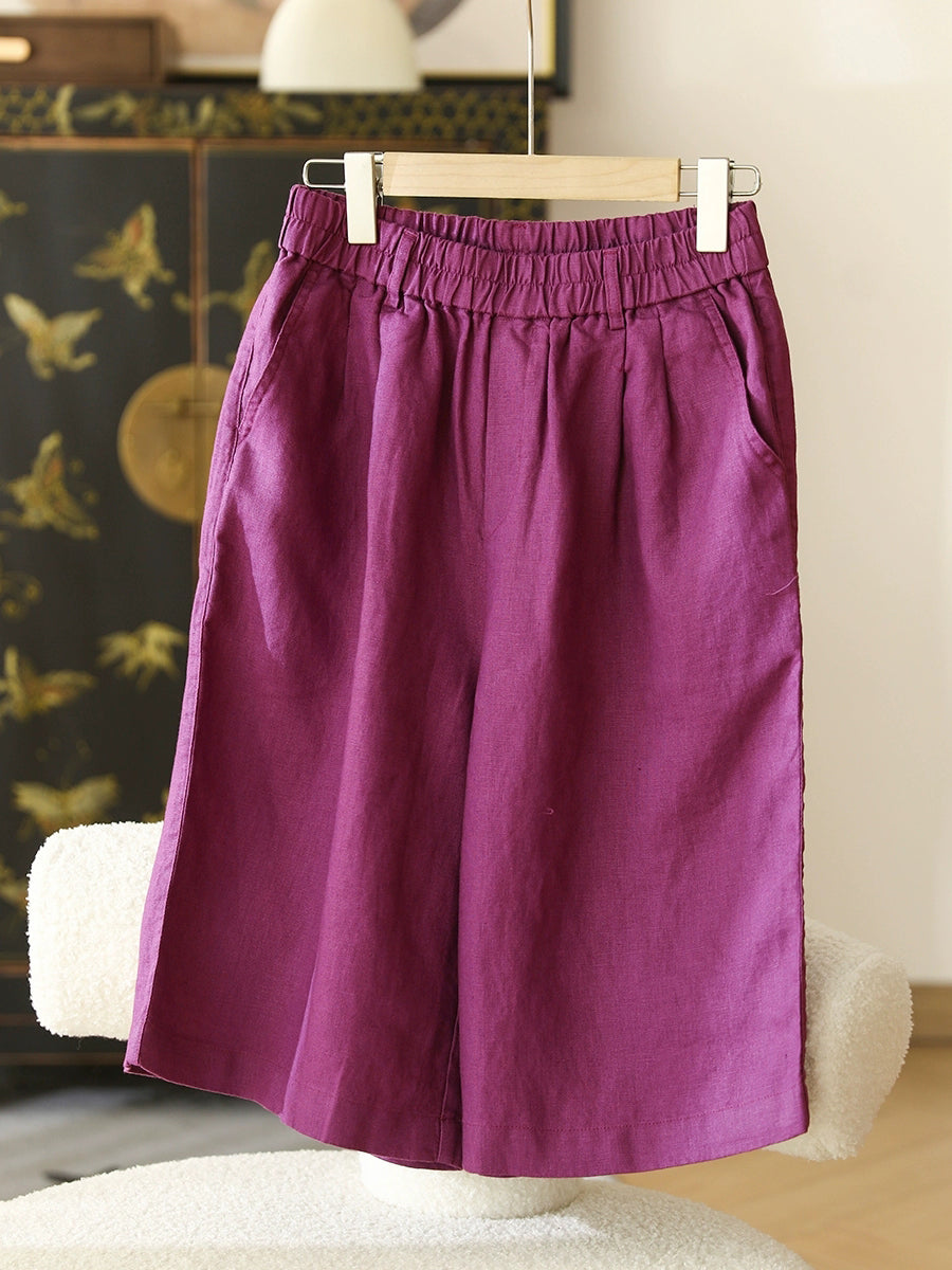 Color Pure 100%Linen Women Casual Pants Fifth Summer
