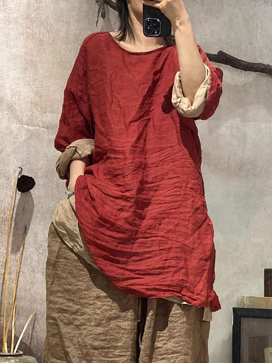 Women Pure Summer O-Neck Shirt Ramie Color Artsy