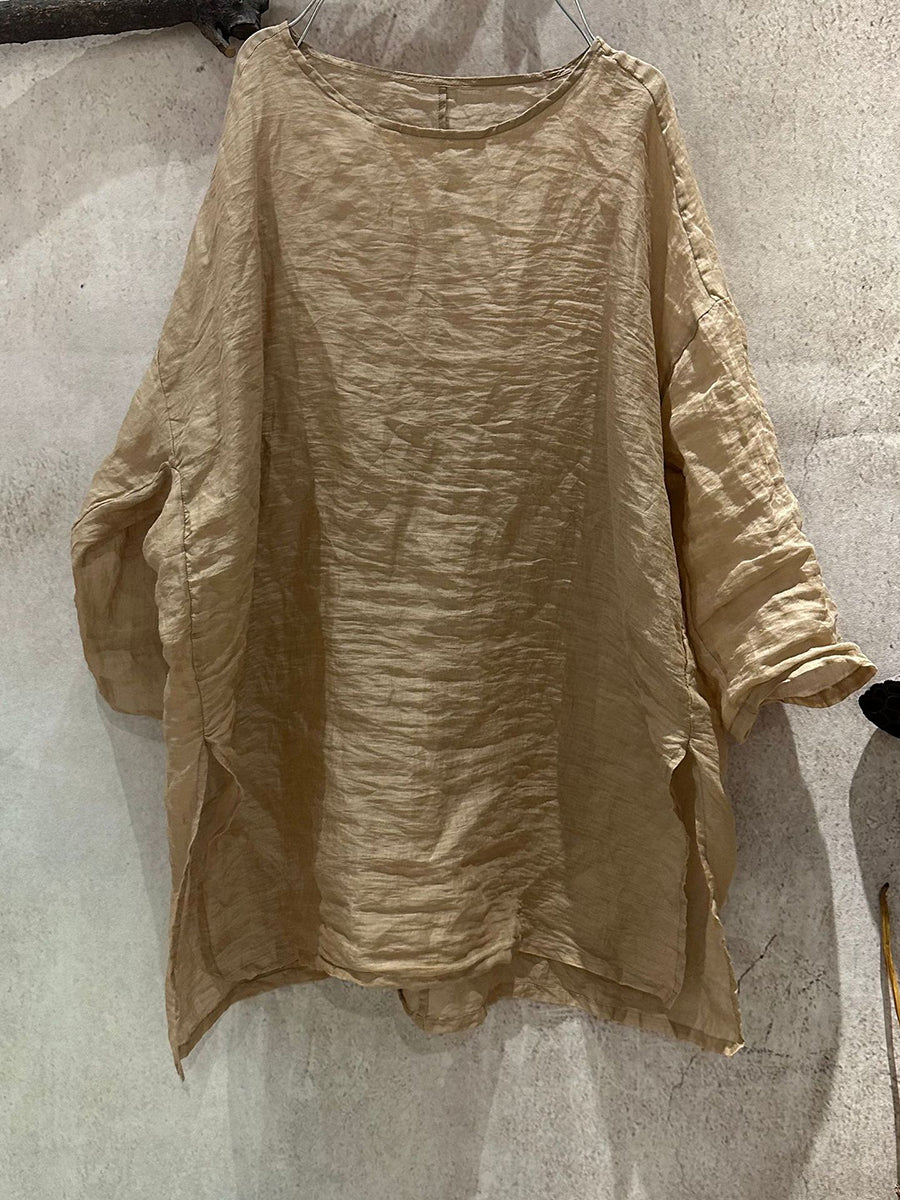 Women Pure Summer O-Neck Shirt Ramie Color Artsy