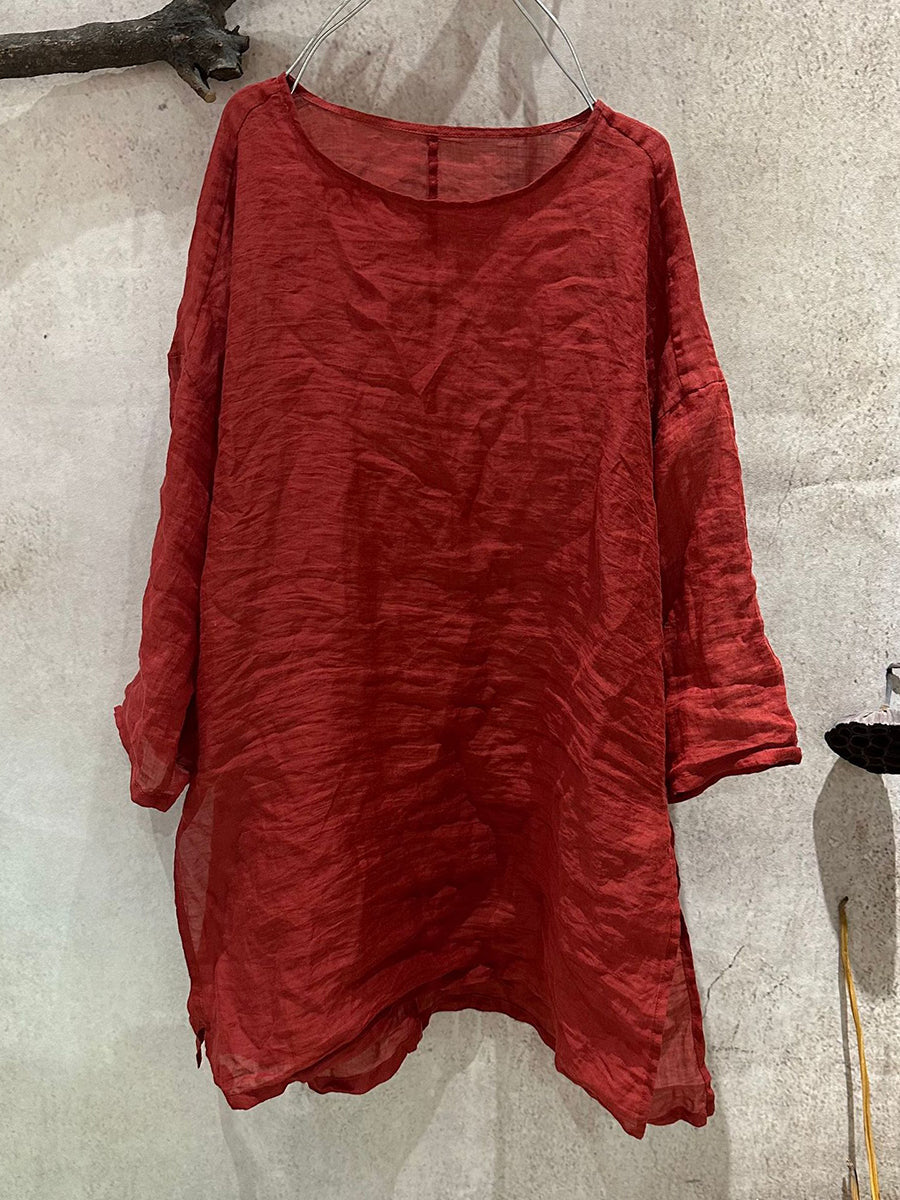 Women Pure Summer O-Neck Shirt Ramie Color Artsy