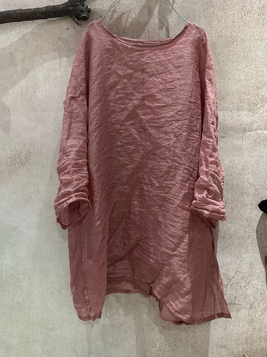 Women Pure Summer O-Neck Shirt Ramie Color Artsy