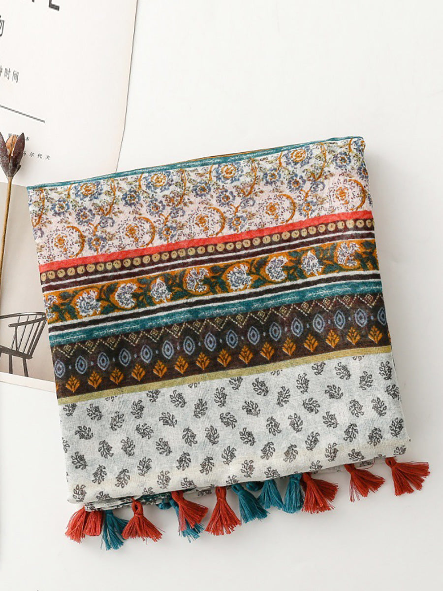 Floral Scarf Spliced Women Shawl Tassel Bohemia
