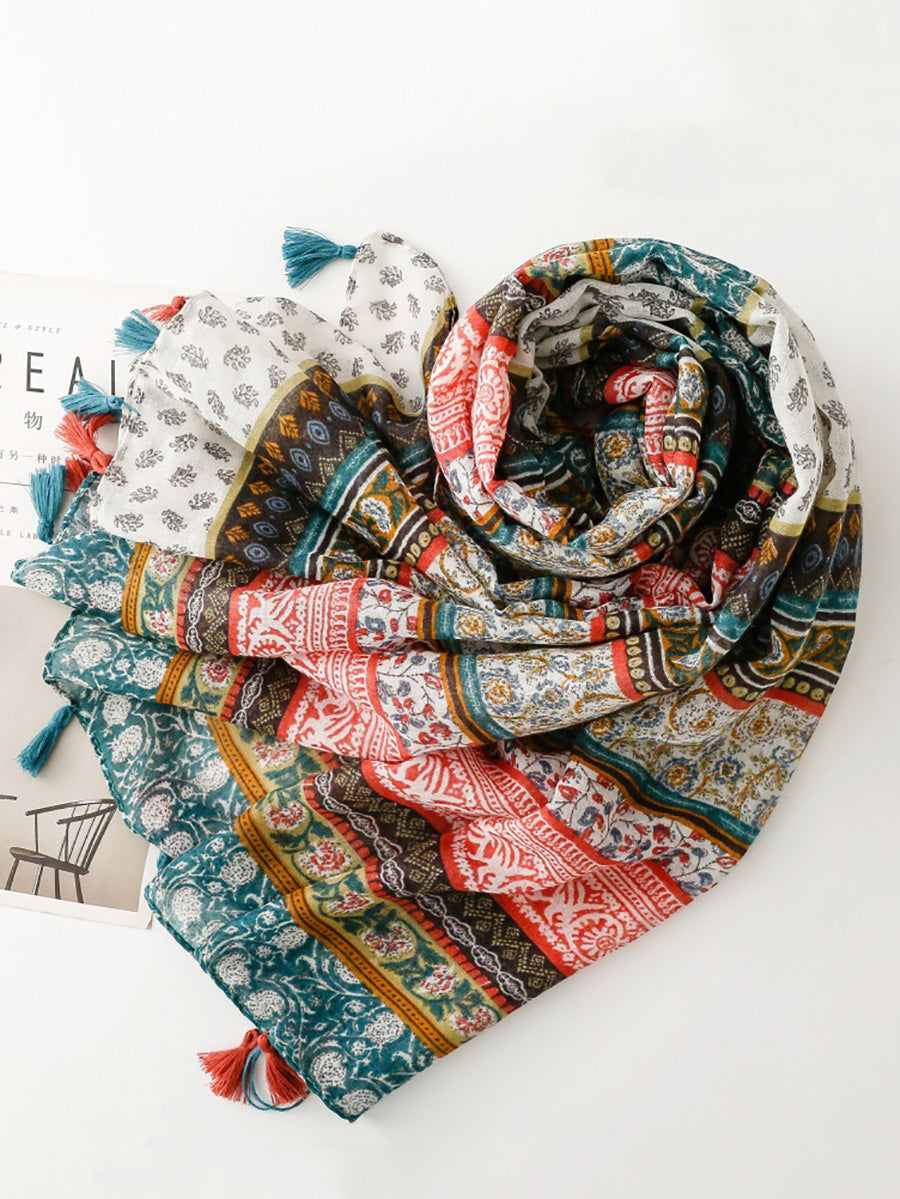 Floral Scarf Spliced Women Shawl Tassel Bohemia