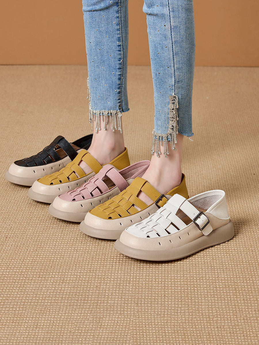 Women Genuine Shoes Weave Summer Flat Leather Casual