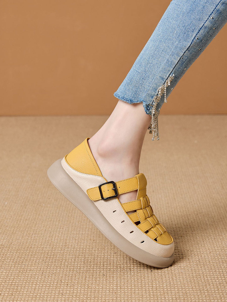 Women Genuine Shoes Weave Summer Flat Leather Casual