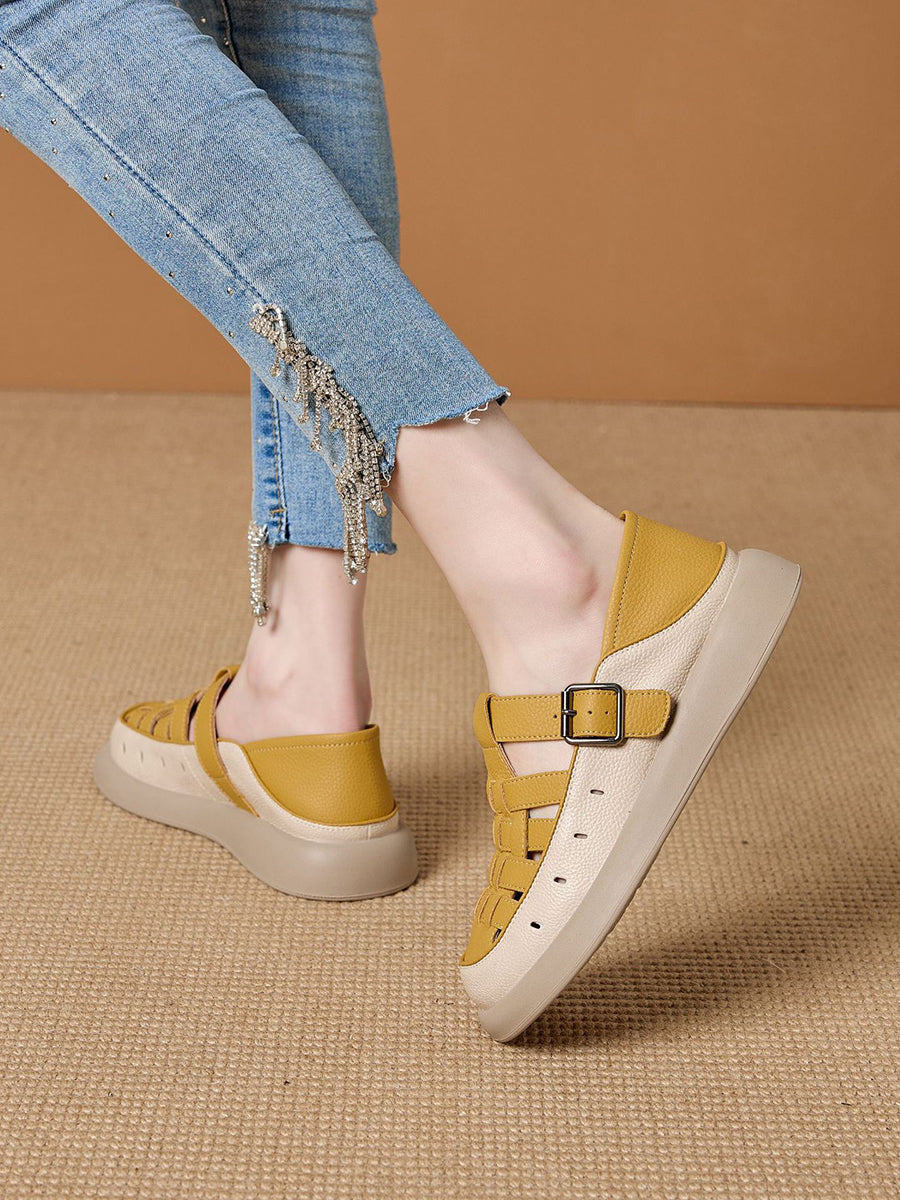 Women Genuine Shoes Weave Summer Flat Leather Casual