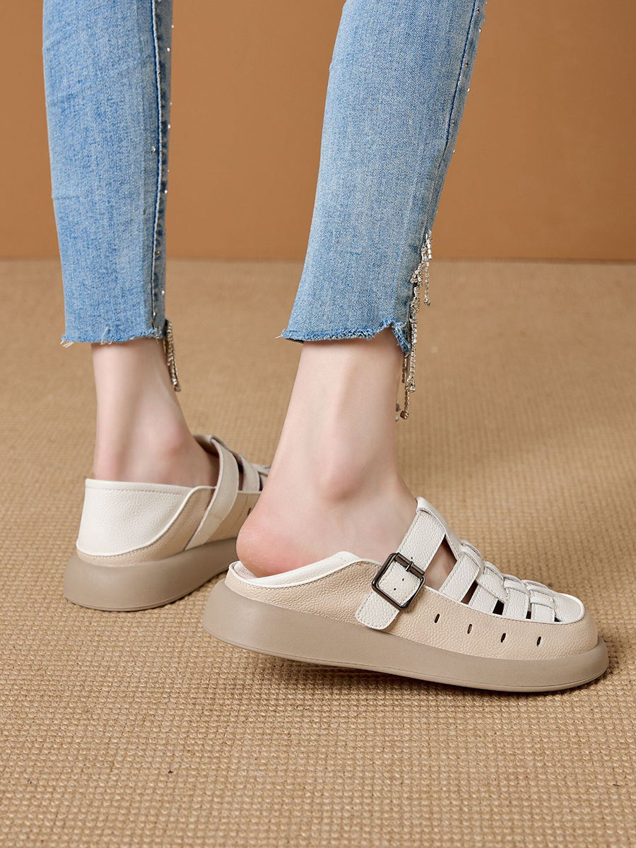 Women Genuine Shoes Weave Summer Flat Leather Casual