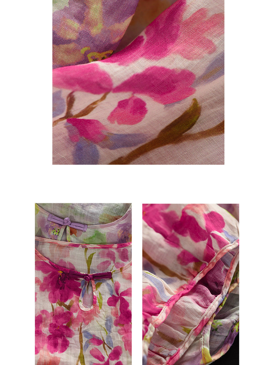 O-Neck Women Flower Shirt Summer Artsy 100%Ramie
