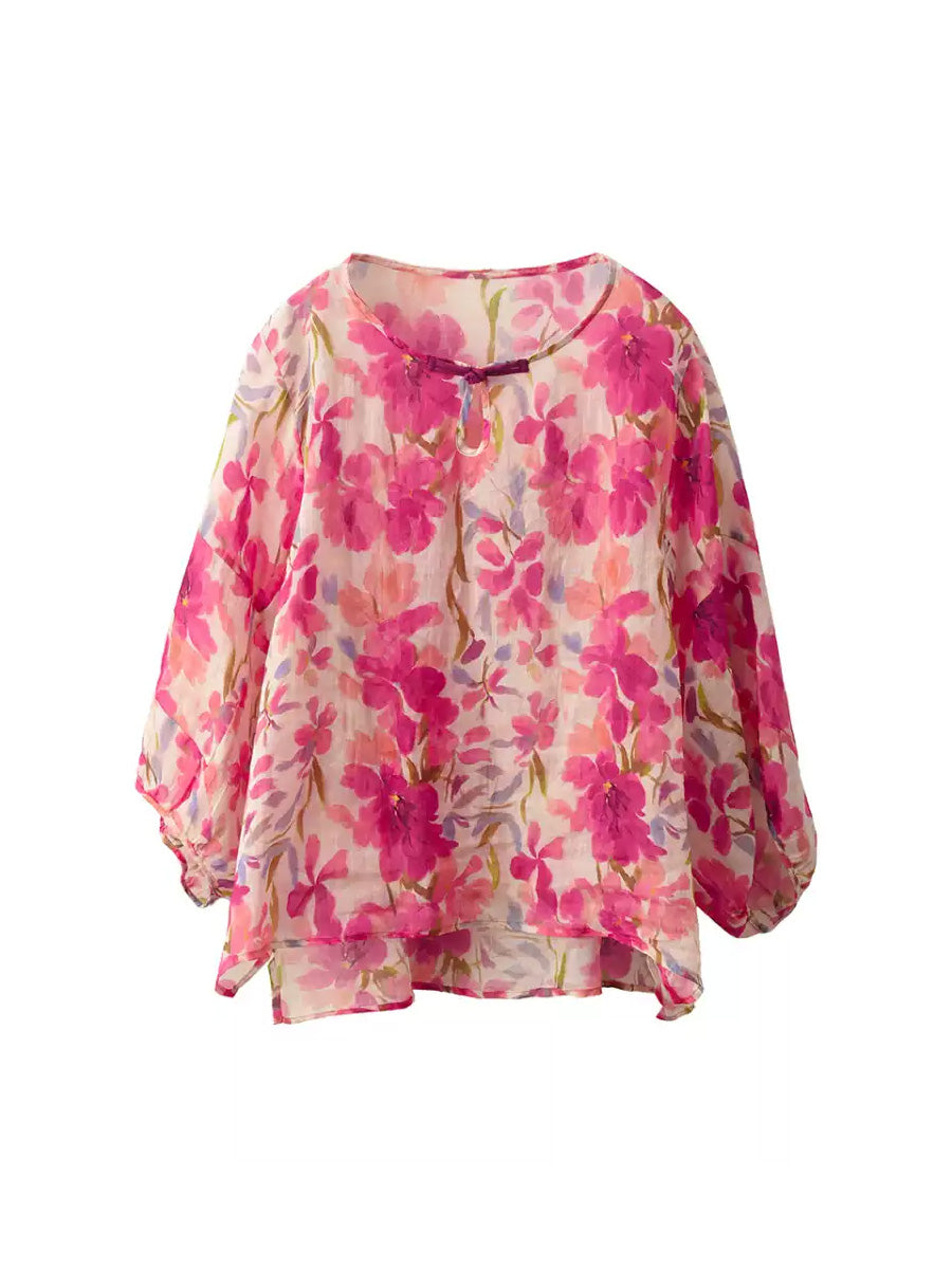 O-Neck Women Flower Shirt Summer Artsy 100%Ramie