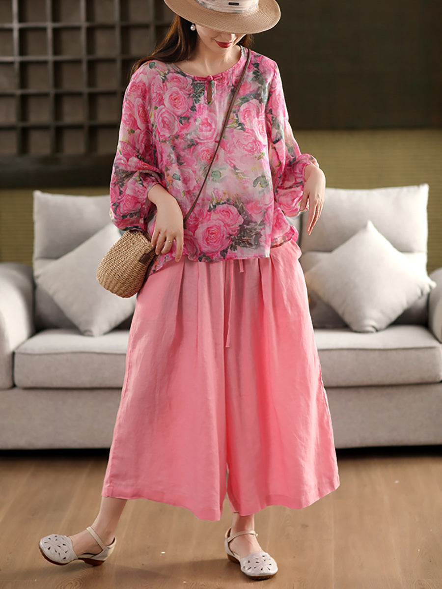 O-Neck Women Flower Shirt Summer Artsy 100%Ramie