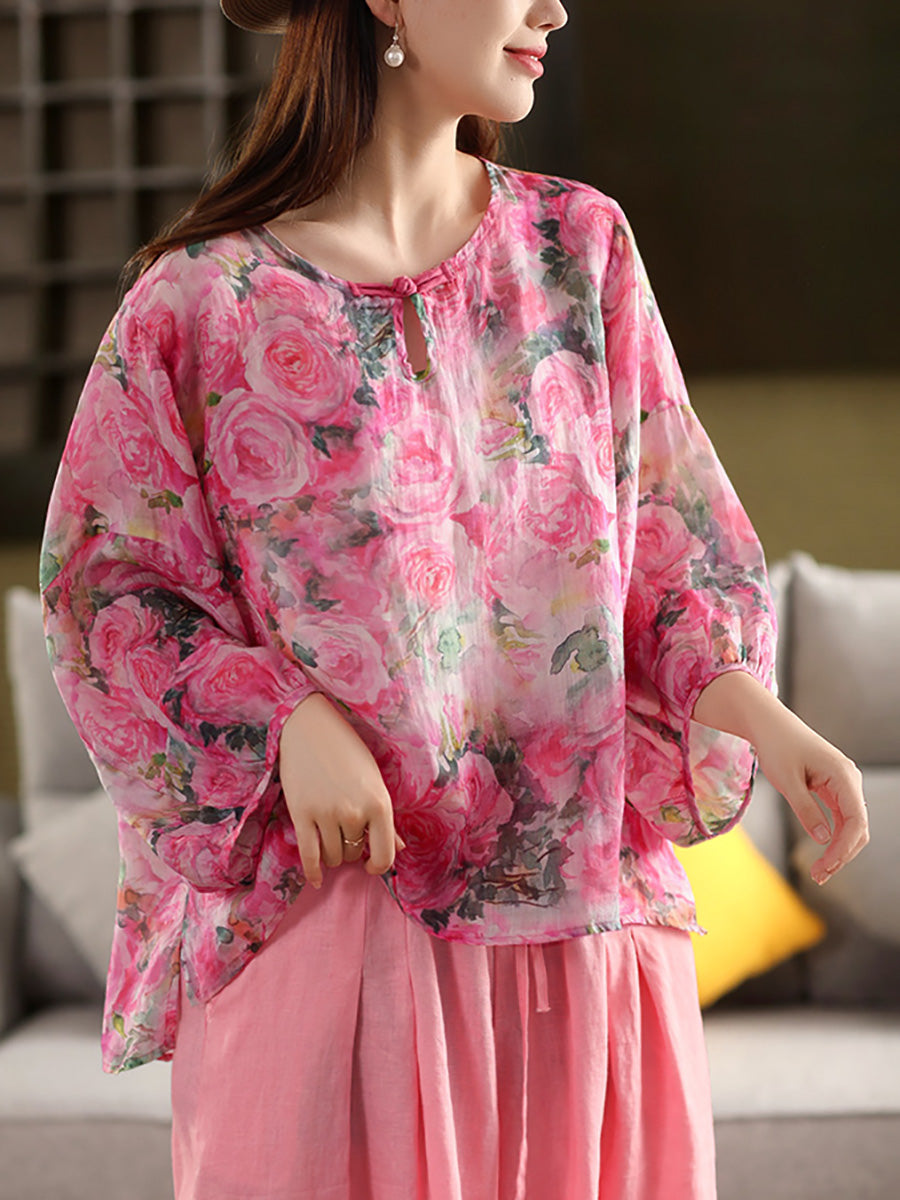 O-Neck Women Flower Shirt Summer Artsy 100%Ramie