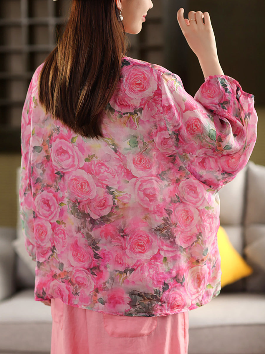 O-Neck Women Flower Shirt Summer Artsy 100%Ramie