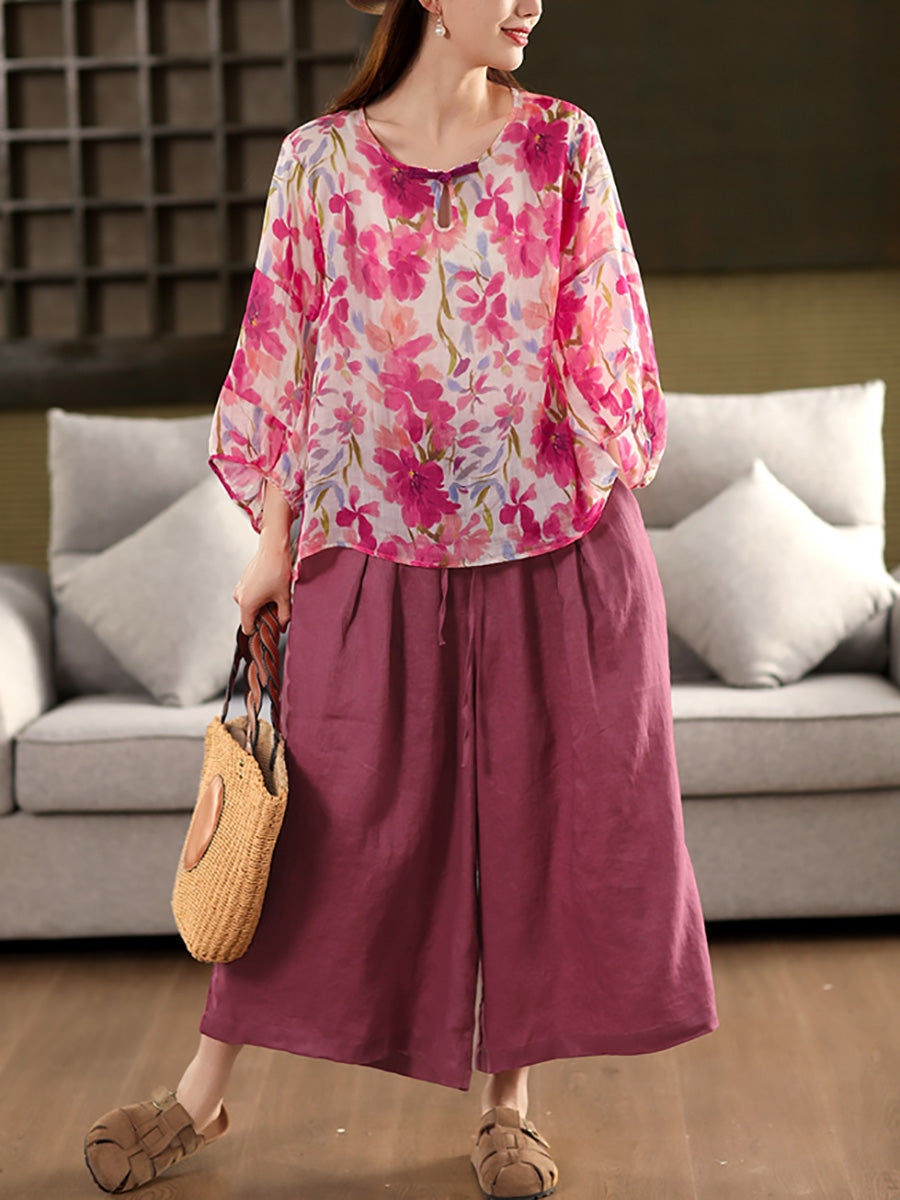 O-Neck Women Flower Shirt Summer Artsy 100%Ramie