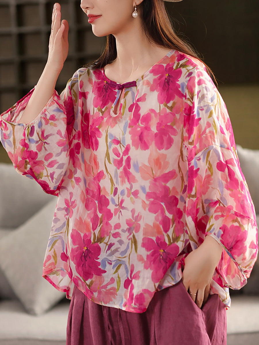 O-Neck Women Flower Shirt Summer Artsy 100%Ramie