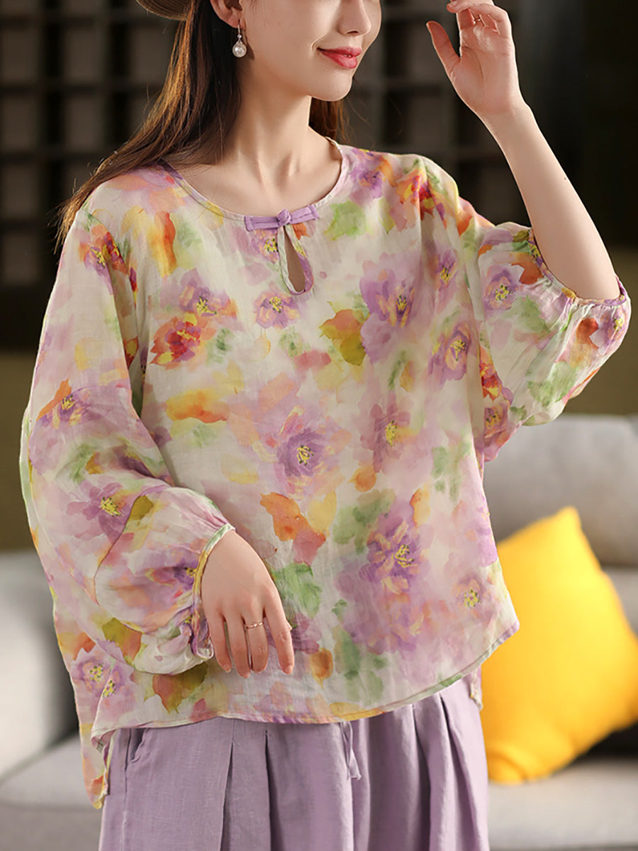 O-Neck Women Flower Shirt Summer Artsy 100%Ramie