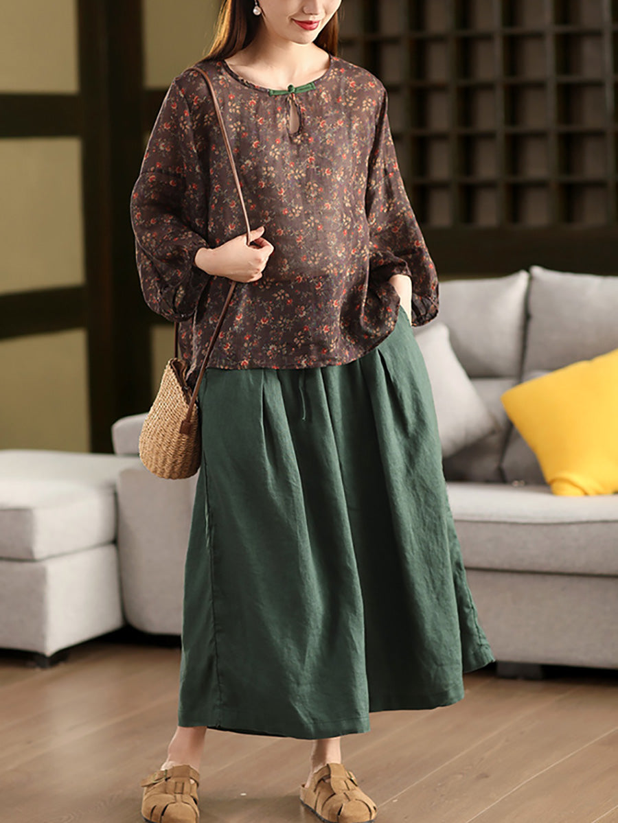 O-Neck Women Flower Shirt Summer Artsy 100%Ramie