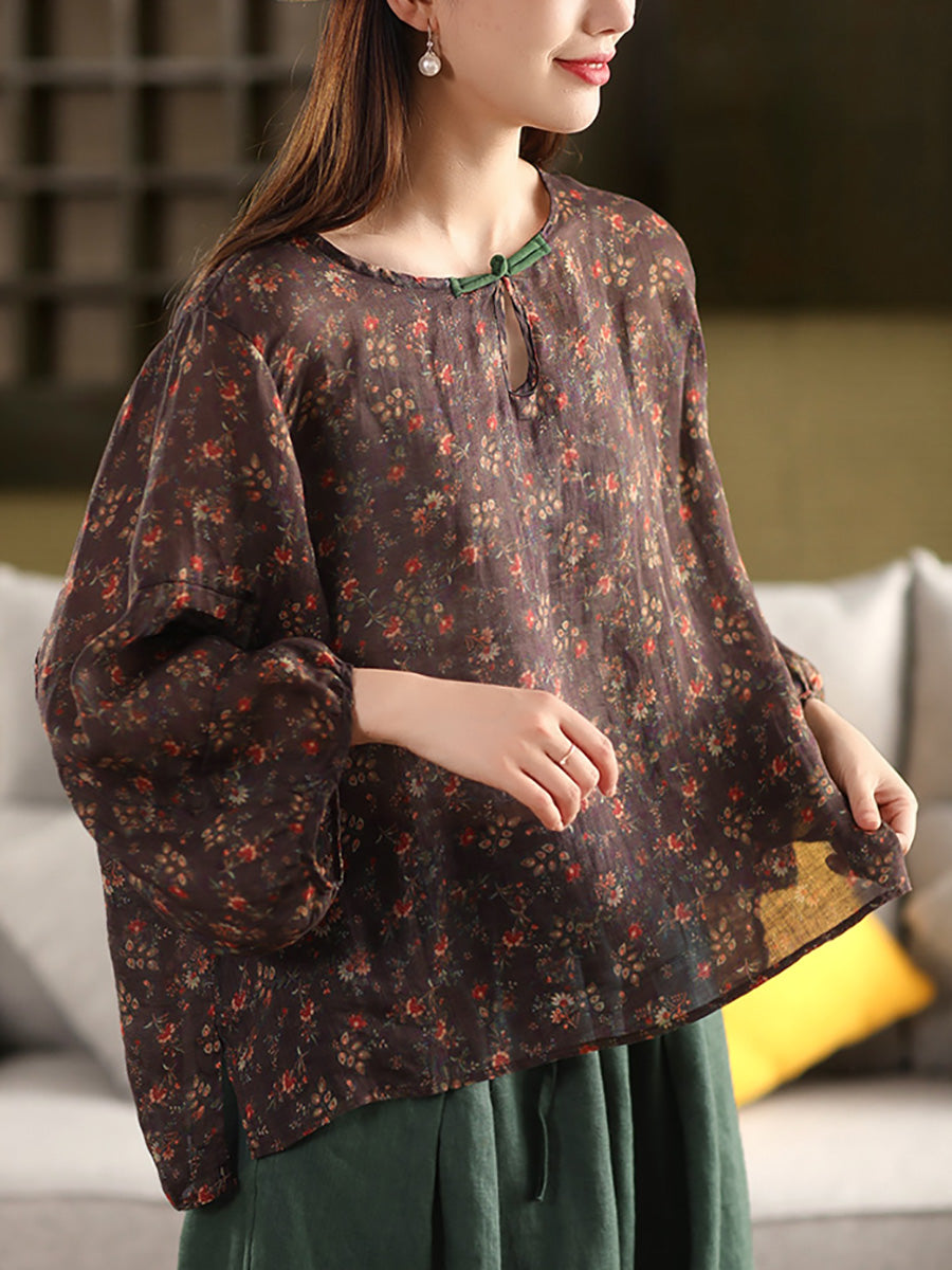 O-Neck Women Flower Shirt Summer Artsy 100%Ramie