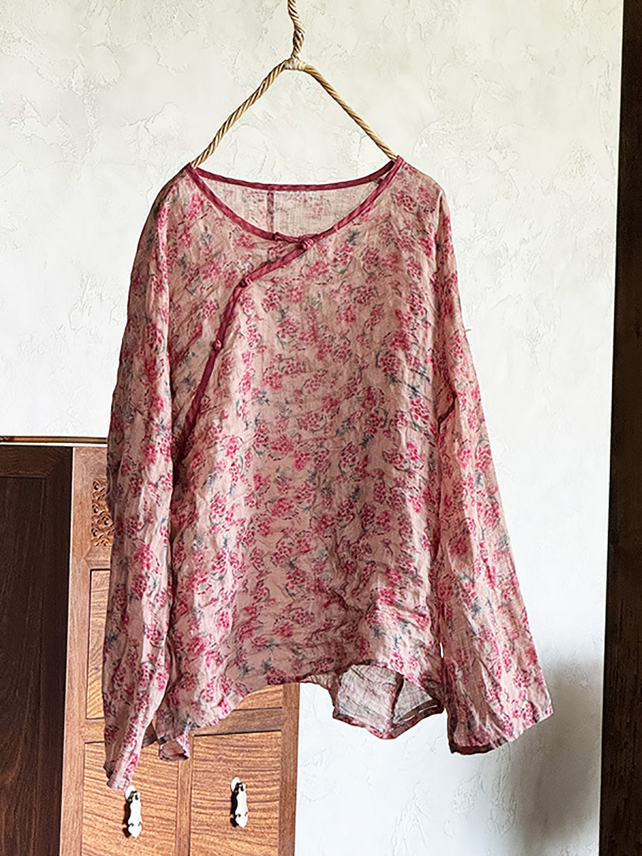 Shirt Summer Women Ramie Floral O-Neck Artsy