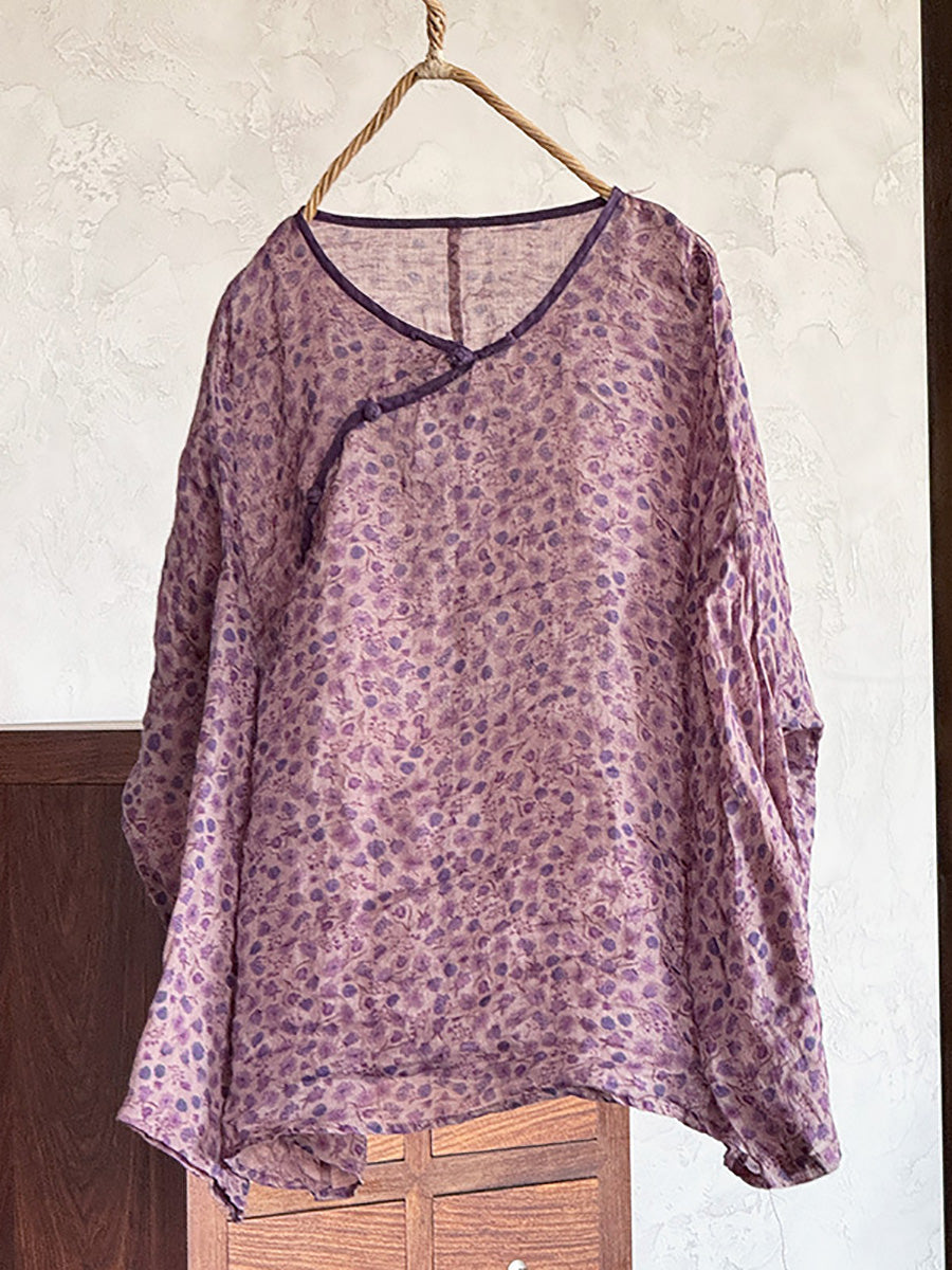Shirt Summer Women Ramie Floral O-Neck Artsy