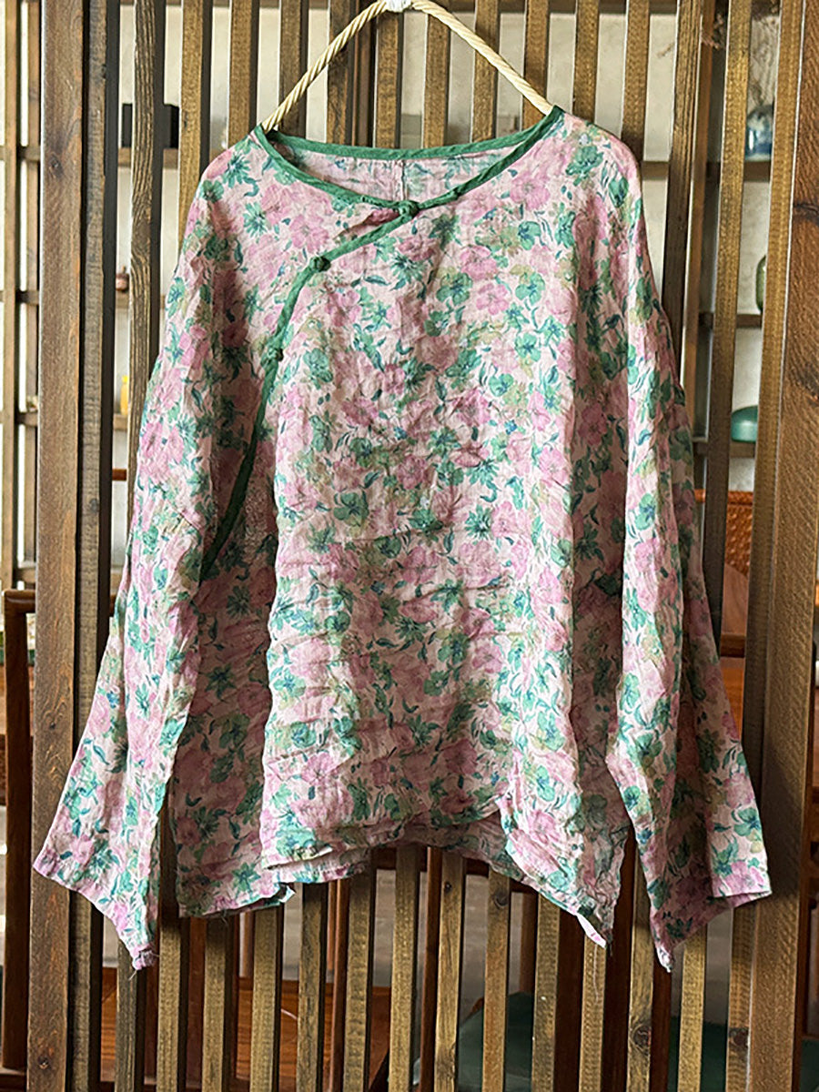 Shirt Summer Women Ramie Floral O-Neck Artsy