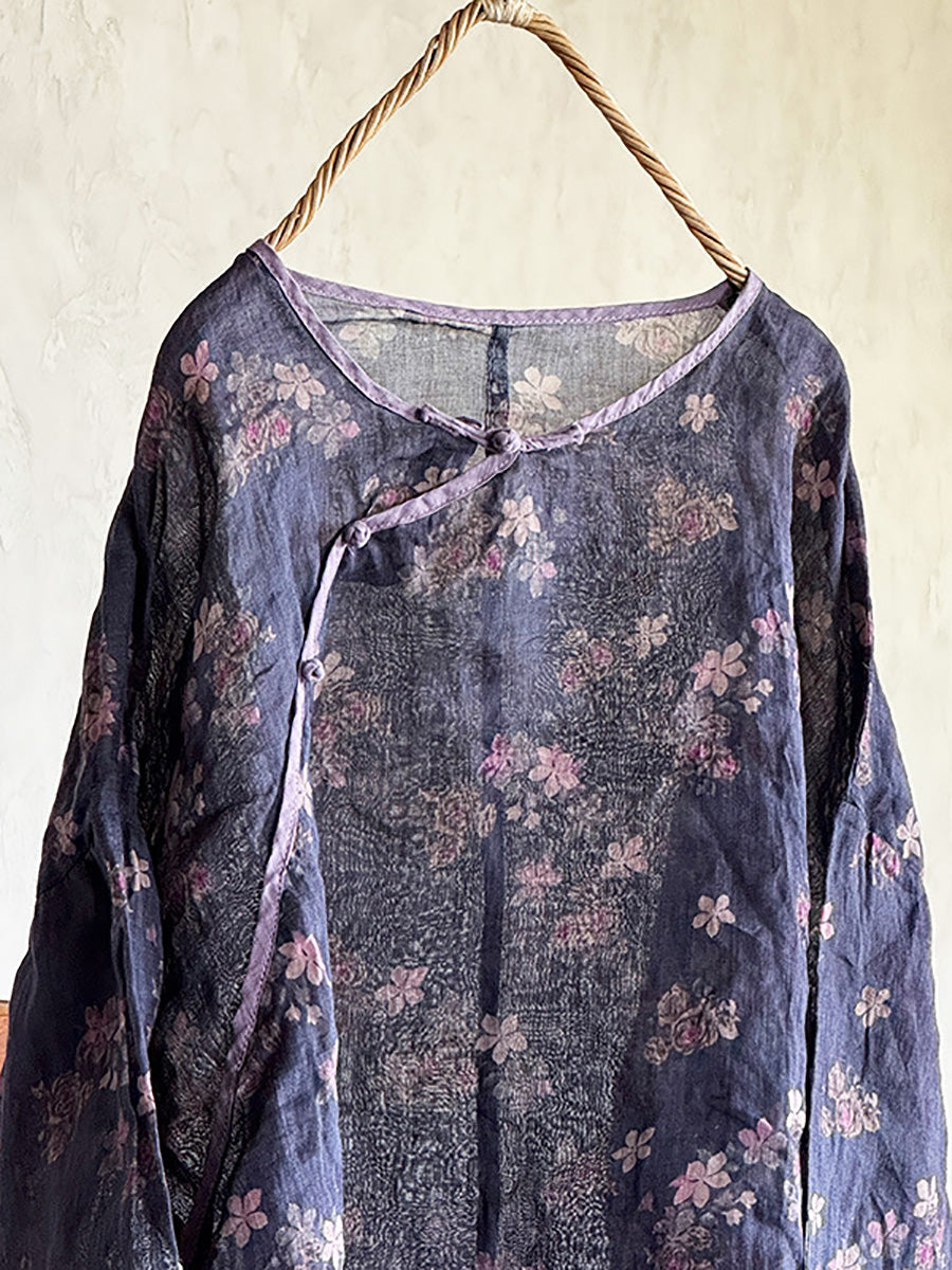 Shirt Summer Women Ramie Floral O-Neck Artsy