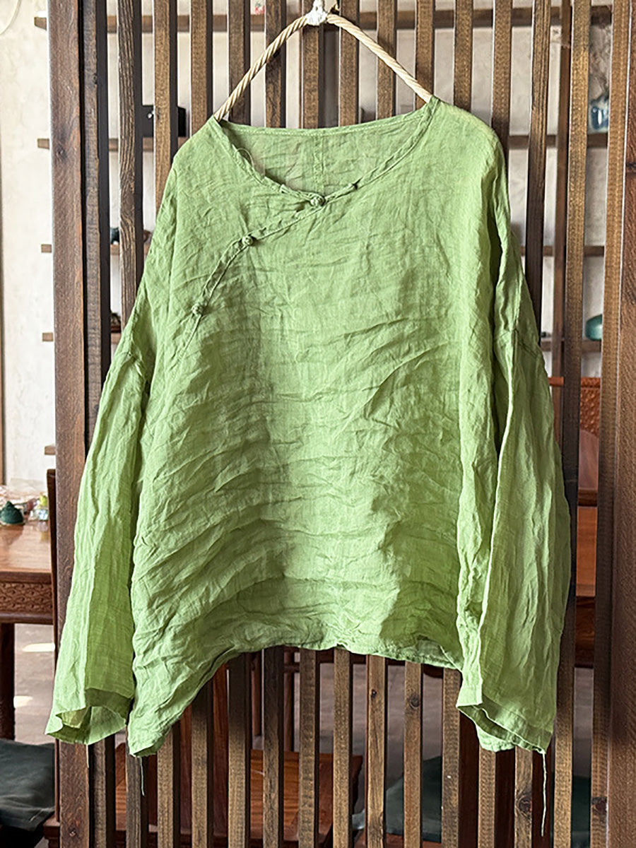 Shirt Summer Women Ramie Floral O-Neck Artsy
