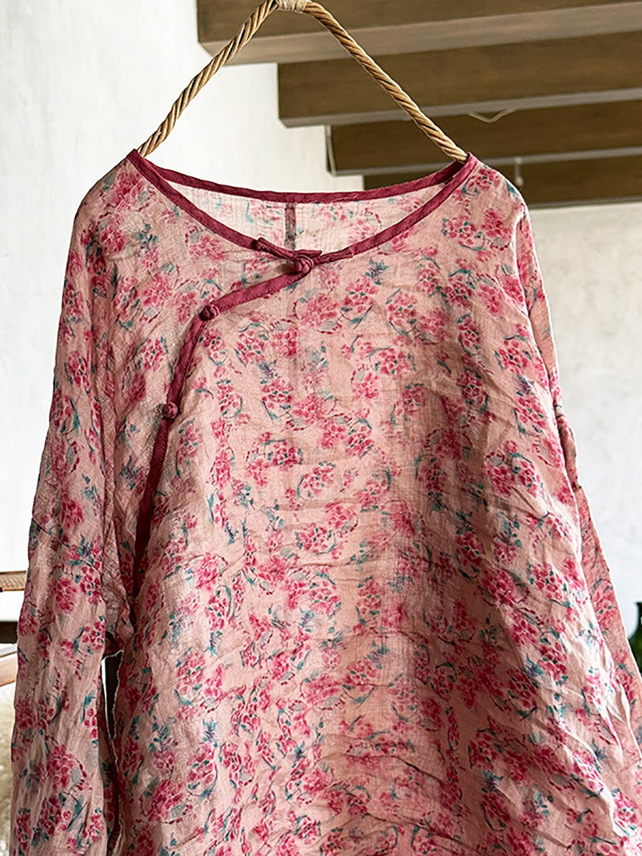 Shirt Summer Women Ramie Floral O-Neck Artsy