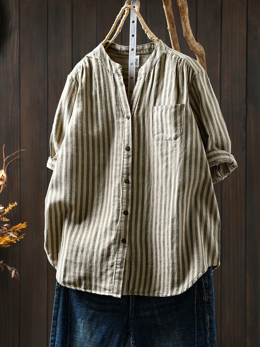 Stripe V-Neck Summer Casual 100%Cotton Shirt Women