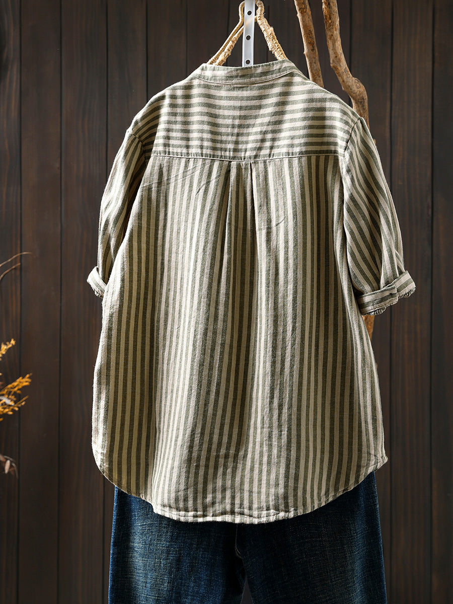 Stripe V-Neck Summer Casual 100%Cotton Shirt Women