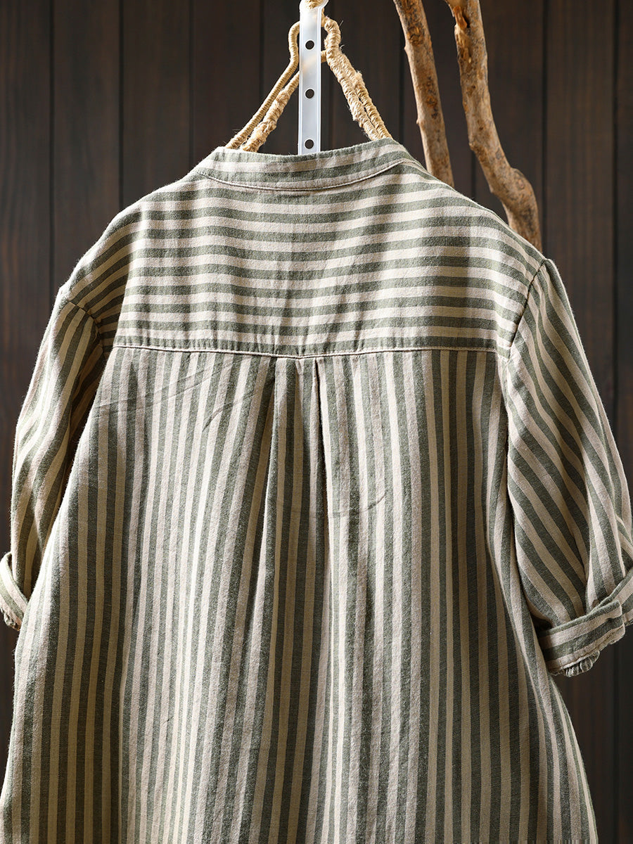 Stripe V-Neck Summer Casual 100%Cotton Shirt Women