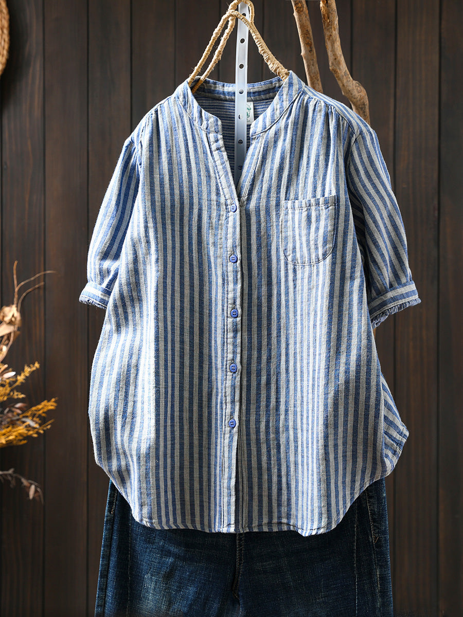 Stripe V-Neck Summer Casual 100%Cotton Shirt Women