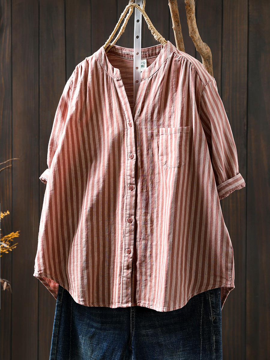 Stripe V-Neck Summer Casual 100%Cotton Shirt Women
