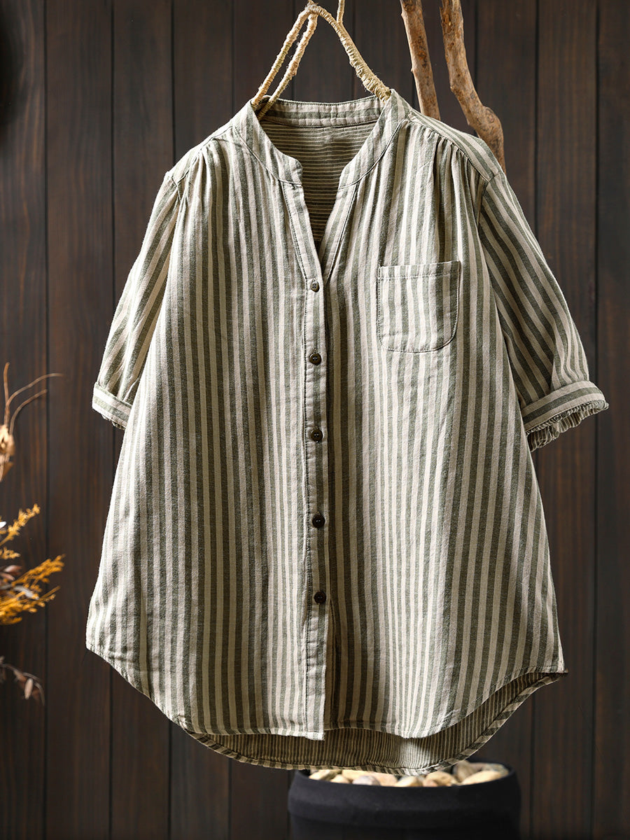 Stripe V-Neck Summer Casual 100%Cotton Shirt Women