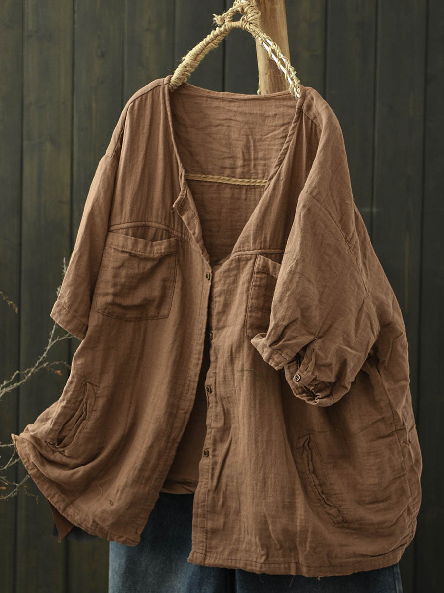 Pure Color Women Summer Shirt V-Neck Cotton Worn