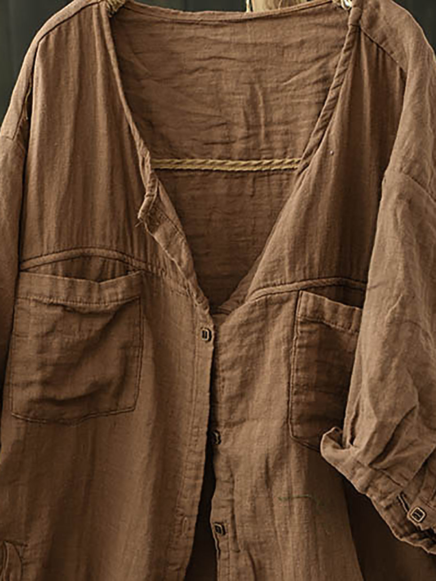 Pure Color Women Summer Shirt V-Neck Cotton Worn