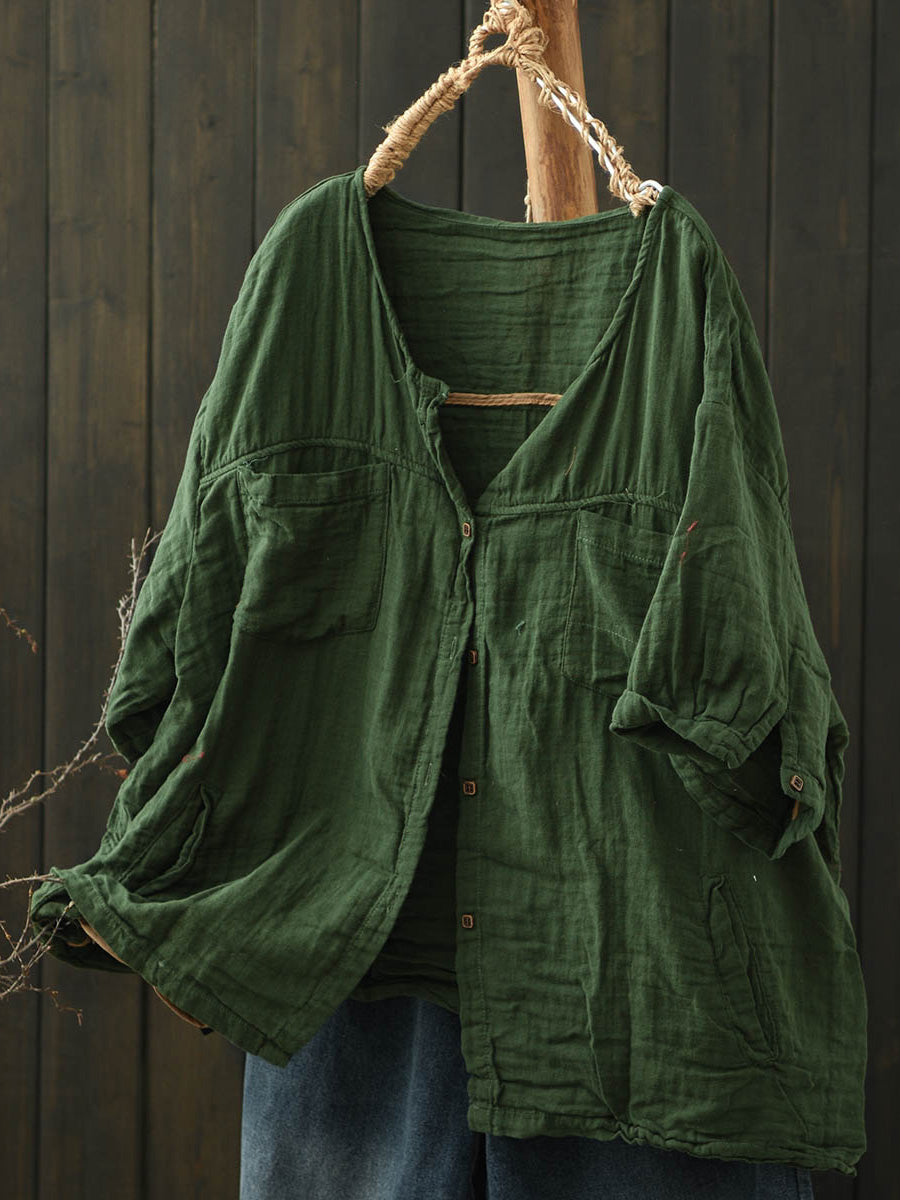 Pure Color Women Summer Shirt V-Neck Cotton Worn