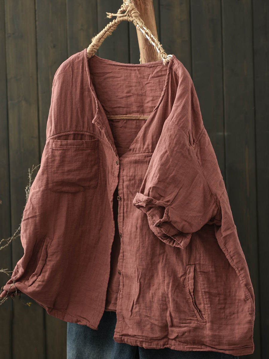 Pure Color Women Summer Shirt V-Neck Cotton Worn