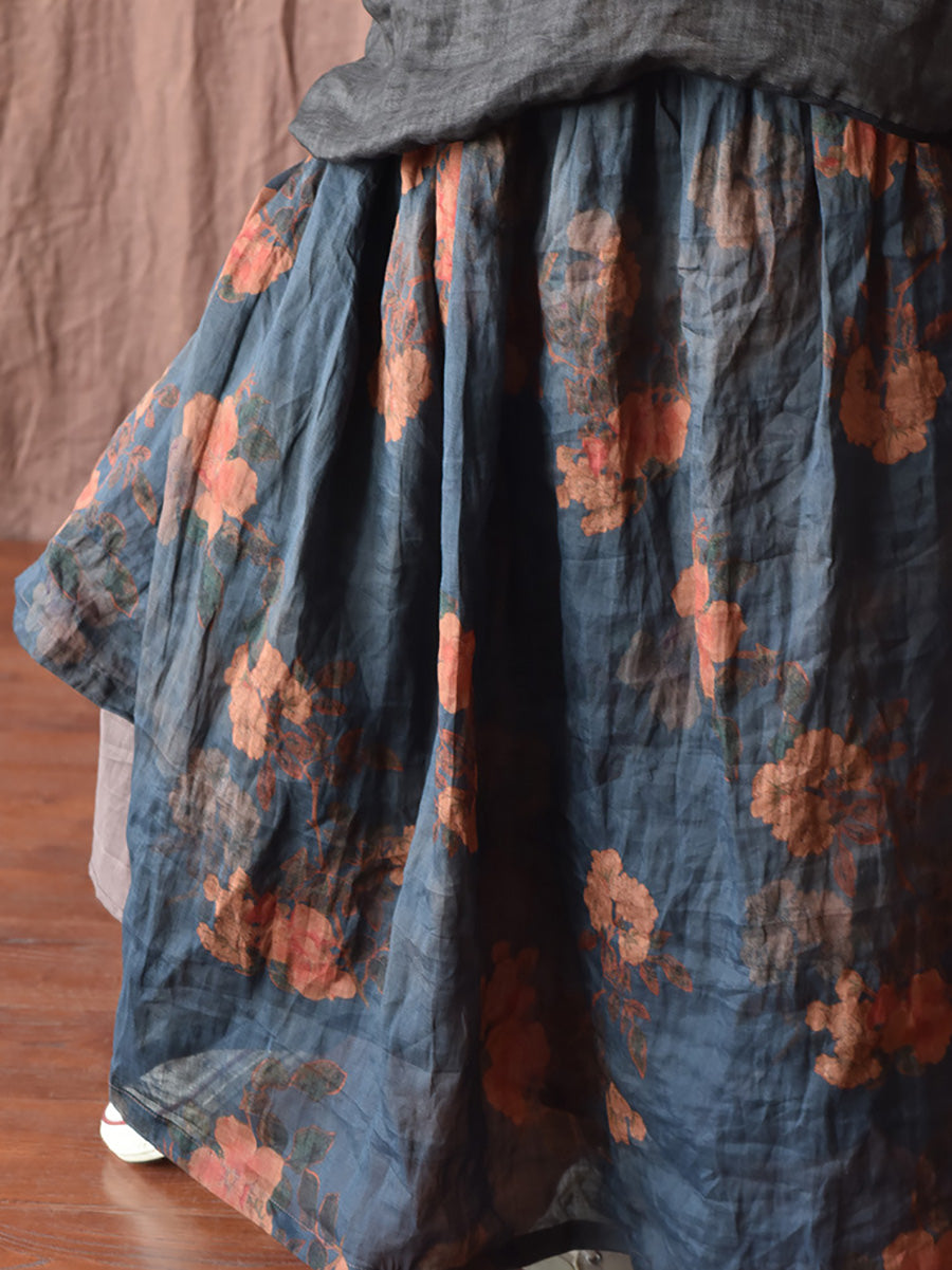 Vintage Summer Loose Skirt Women Ramie Flower