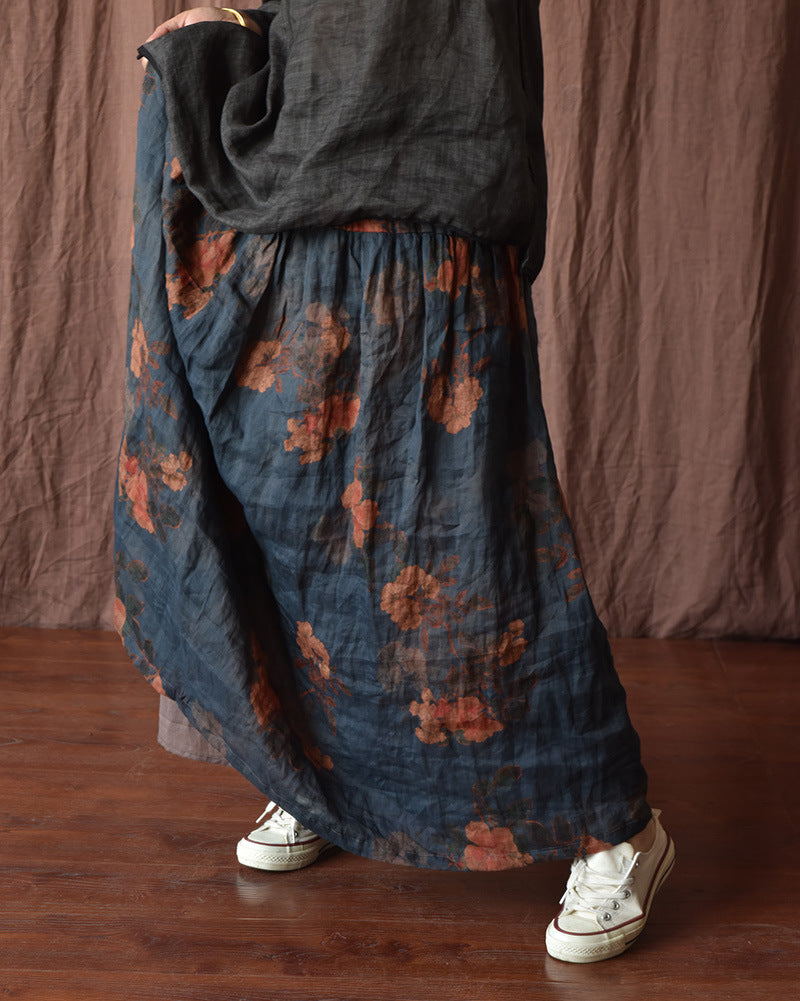 Vintage Summer Loose Skirt Women Ramie Flower