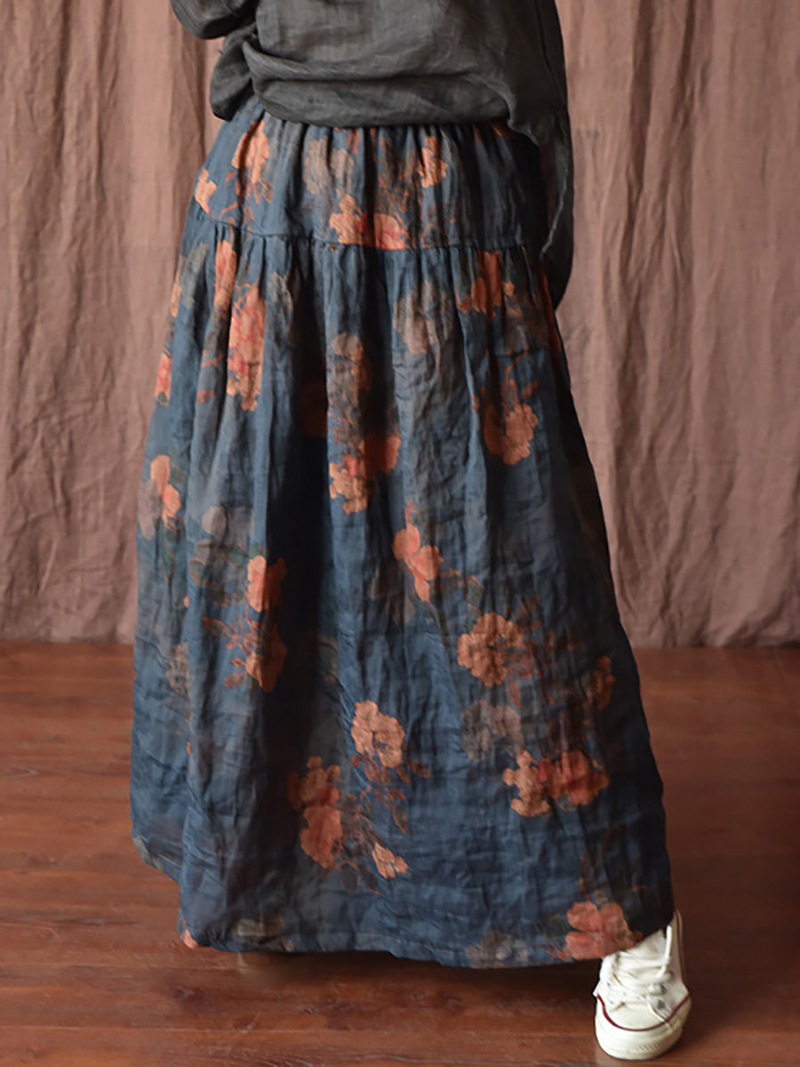 Vintage Summer Loose Skirt Women Ramie Flower