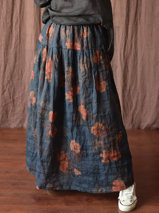 Vintage Summer Loose Skirt Women Ramie Flower