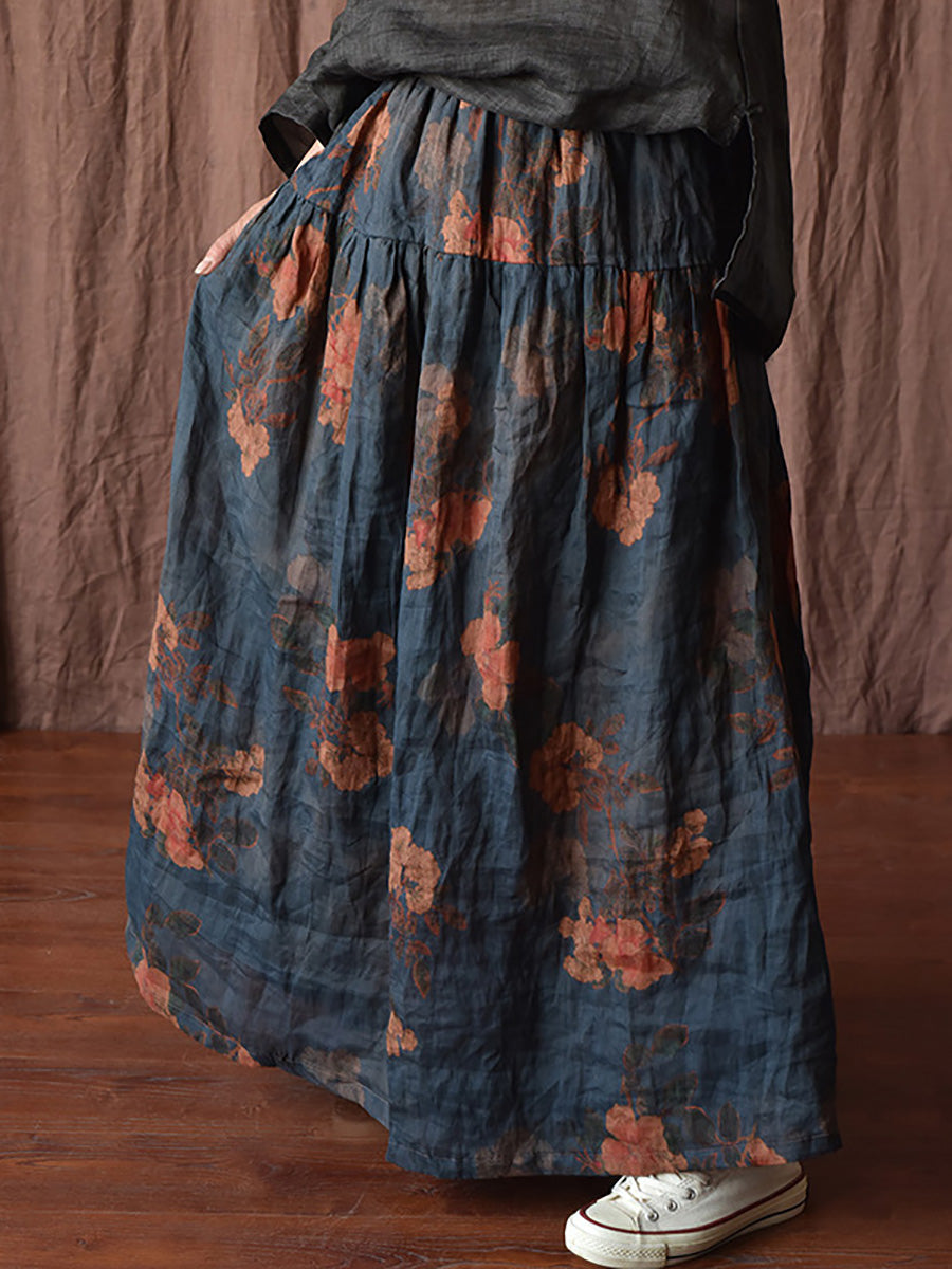 Vintage Summer Loose Skirt Women Ramie Flower