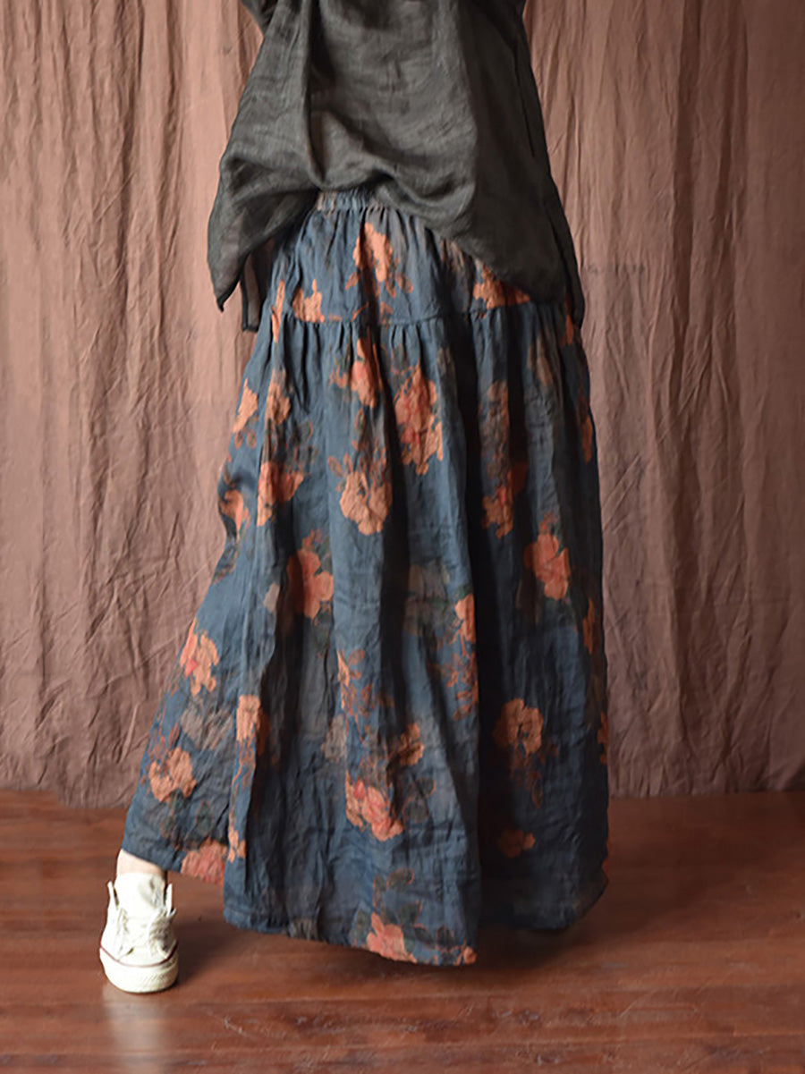 Vintage Summer Loose Skirt Women Ramie Flower