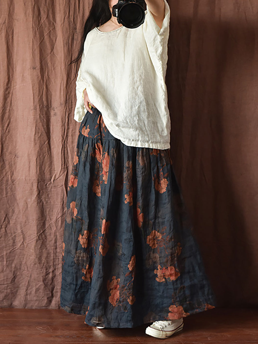 Vintage Summer Loose Skirt Women Ramie Flower