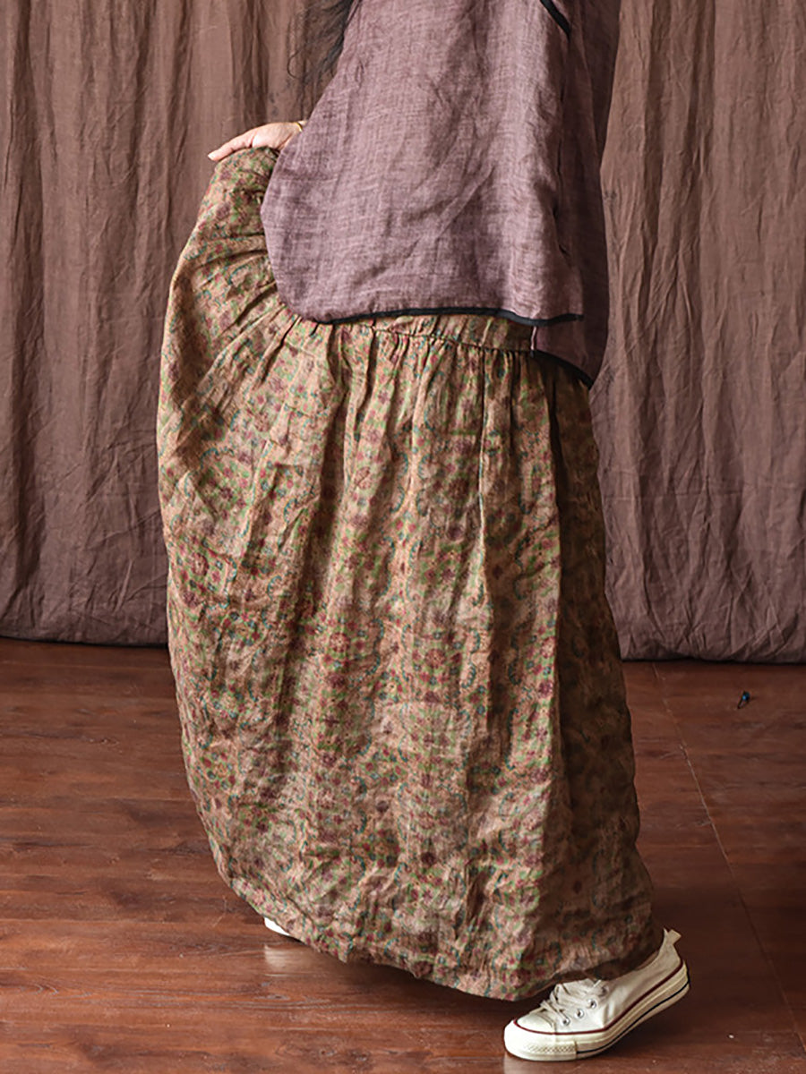 Vintage Summer Loose Skirt Women Ramie Flower