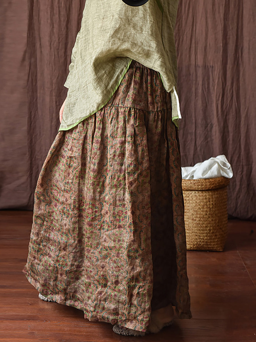 Vintage Summer Loose Skirt Women Ramie Flower